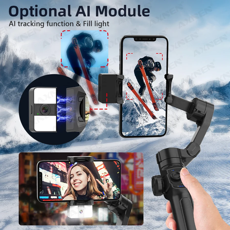 AXNEN 3軸ジンバル スタビライザー HQ4 オプションライト付き 自撮り棒 Axnen-携帯電話用の折りたたみ式3軸ジンバルスタビライザー