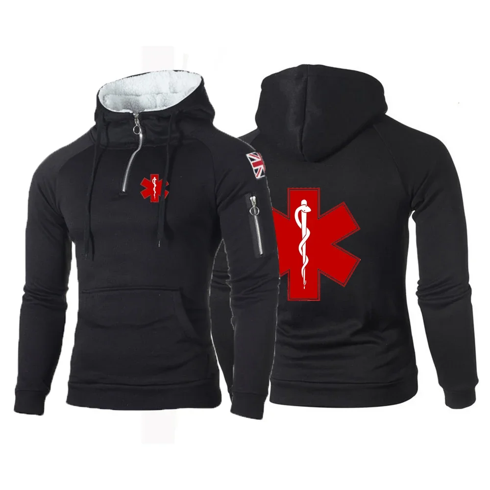 

EMT Emergency Ambulance Men Spring and Autumn Hooded Solid Color Casual Print Zipper Neck Pullover Fitness Hoodies Tops