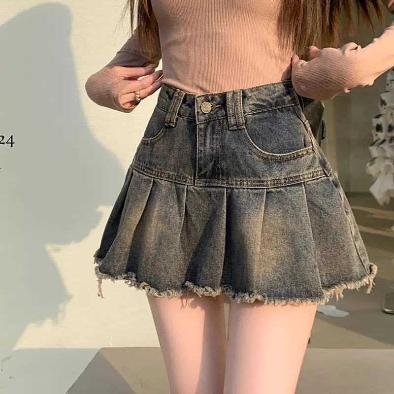 DEEPTOWN 여성용 빈티지 플리츠 데님 스커트, 하이 웨이스트 패치워크, 디스트레스드 섹시 미니 청바지 스커트, 한국 패션, 2024 여름