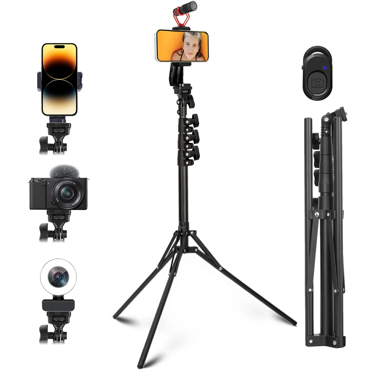 Phone Tripod 172cm Lightweight Foldable Selfie Stand with 1/4”Screw