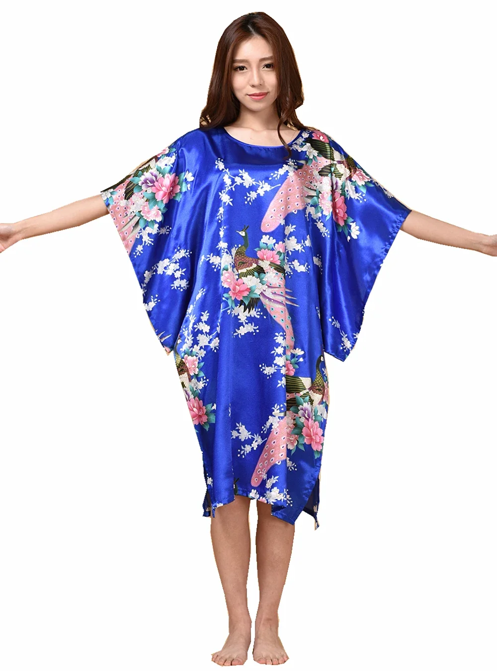

Round-Neck Female Robe Sleepdress Home Clothes Bath Gown Print Women Faux Silk Nightdress Casual Loose Summer Nightgown Lingerie
