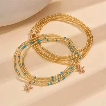 Cute Sea Star Pendant Boho Turquoise Anklets For Women 2pcs/set Gold Color Starfish Foot Chains Beach Jewelry Summer Accessories