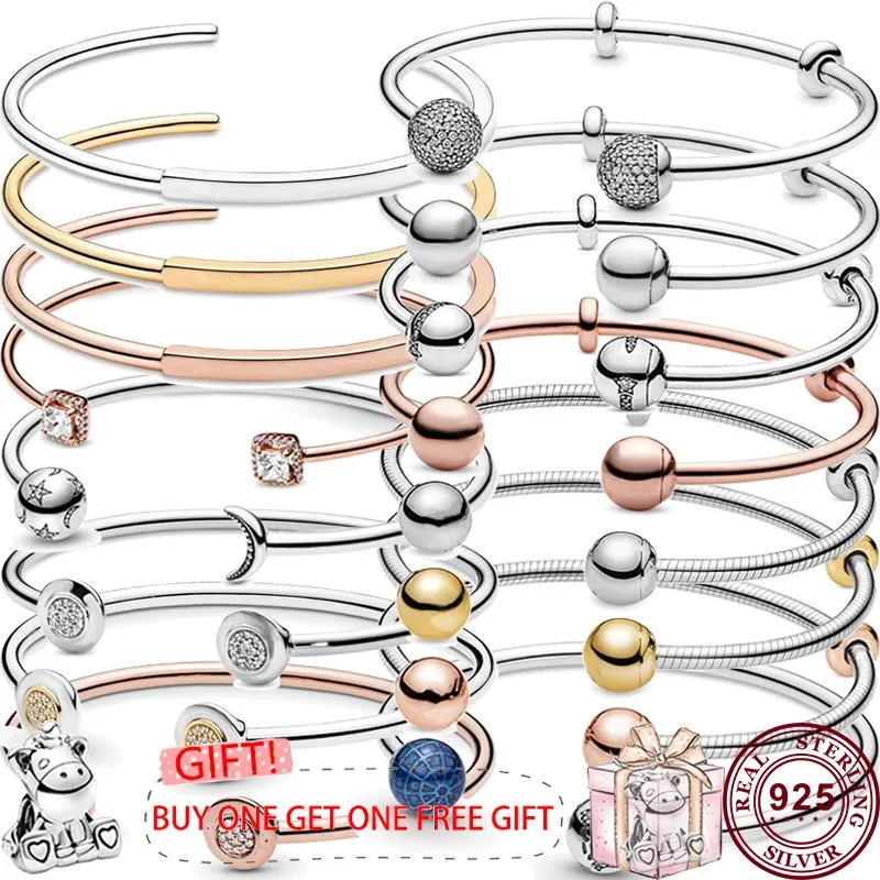 Hot Selling 925 Silver Classic Sparkling Star Moon Snake Women's Original Open Sign Bracelet Wedding DIY Charm Jewelry authentic s925 silver classic sparkling star moon snake women s original open logo bracelet wedding diy charming jewelry