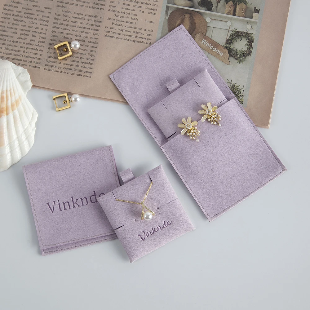 Custom Logo Printed Gift Necklace Earrings Jewellery Packaging Bag Envelope Microfiber Suede Jewelry Pouch with Insert Card Pads