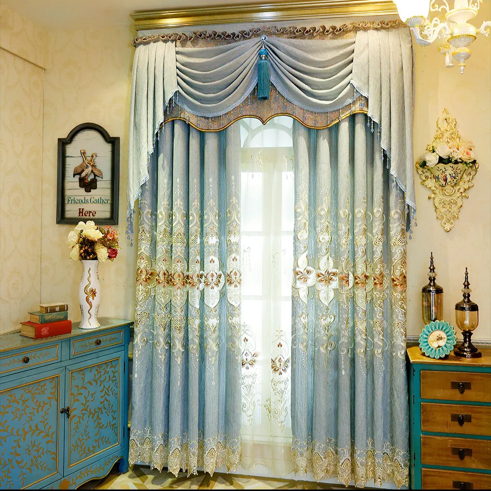 

European Embroidered Window Curtain for Living Room Bedroom Chenille Drapes Luxury Sheer Room Darkening 1 Panel Grommet Top Hook
