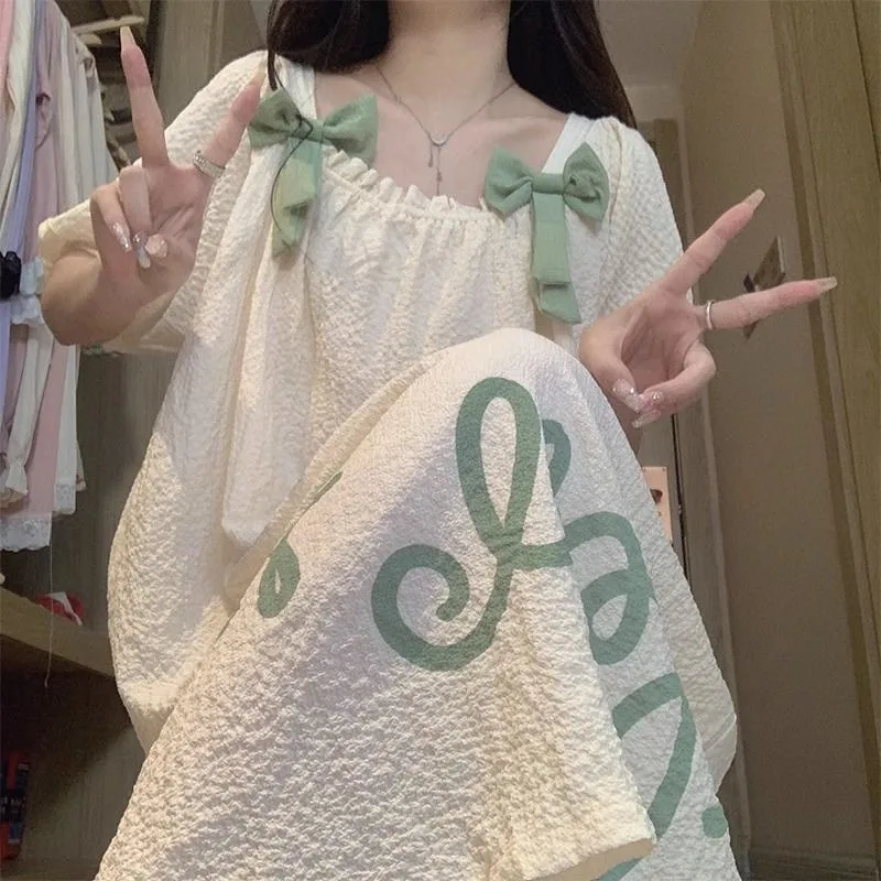 Nightdress Summer lady woven cotton sweet lovely princess style short sleeve pajamas summer lady  Spring and summer loungewear