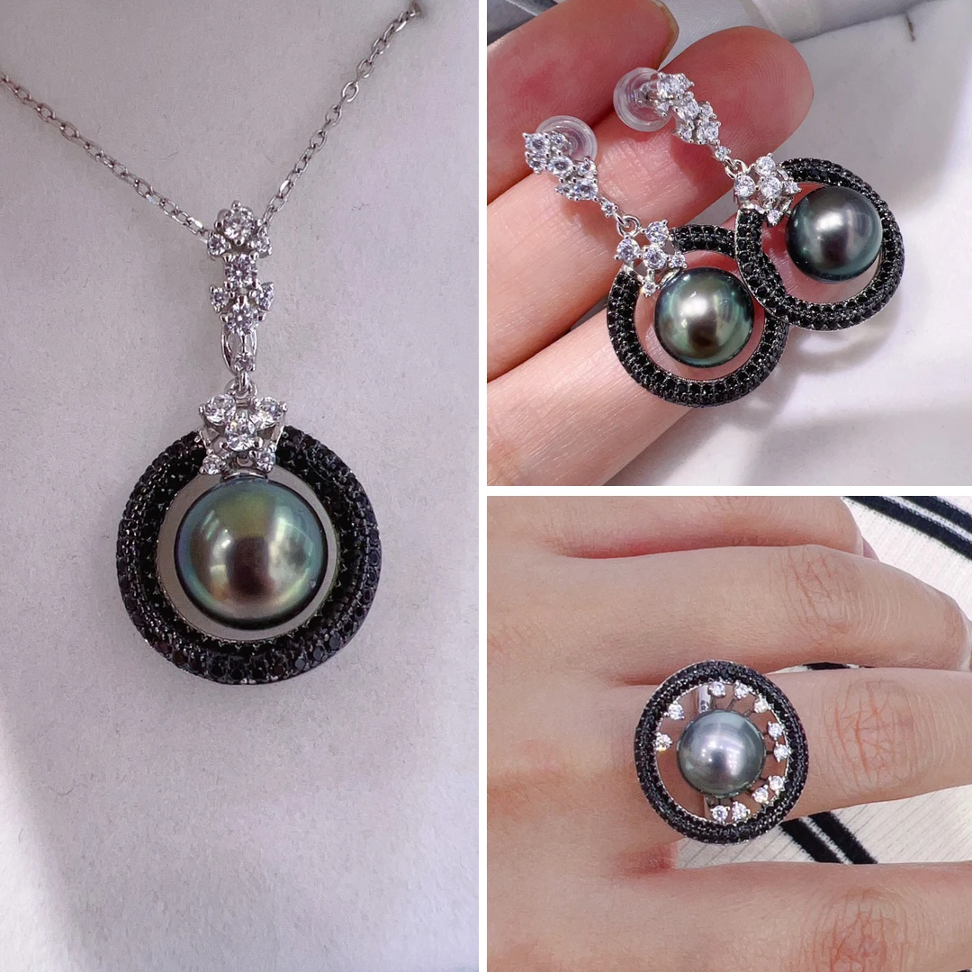 

MeiBaPJ Peacock Blue Natural Round Pearls Jewelry Set 925 Silver Pendant Ring Earrings Fine Wedding Jewelry for Women