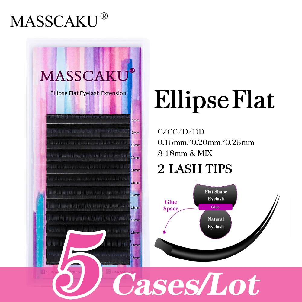 

5cases/lot MASSCAKU 12Rows Ellipse Flat Eyelashes Extension Silk Faux Mink Easy Apply Natural Looking Salon Use Flat Eyelash