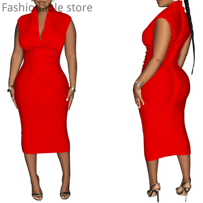 

Women Solid Color V-Neck Twist Sleeveless Back Zippder Slim Midi Dress