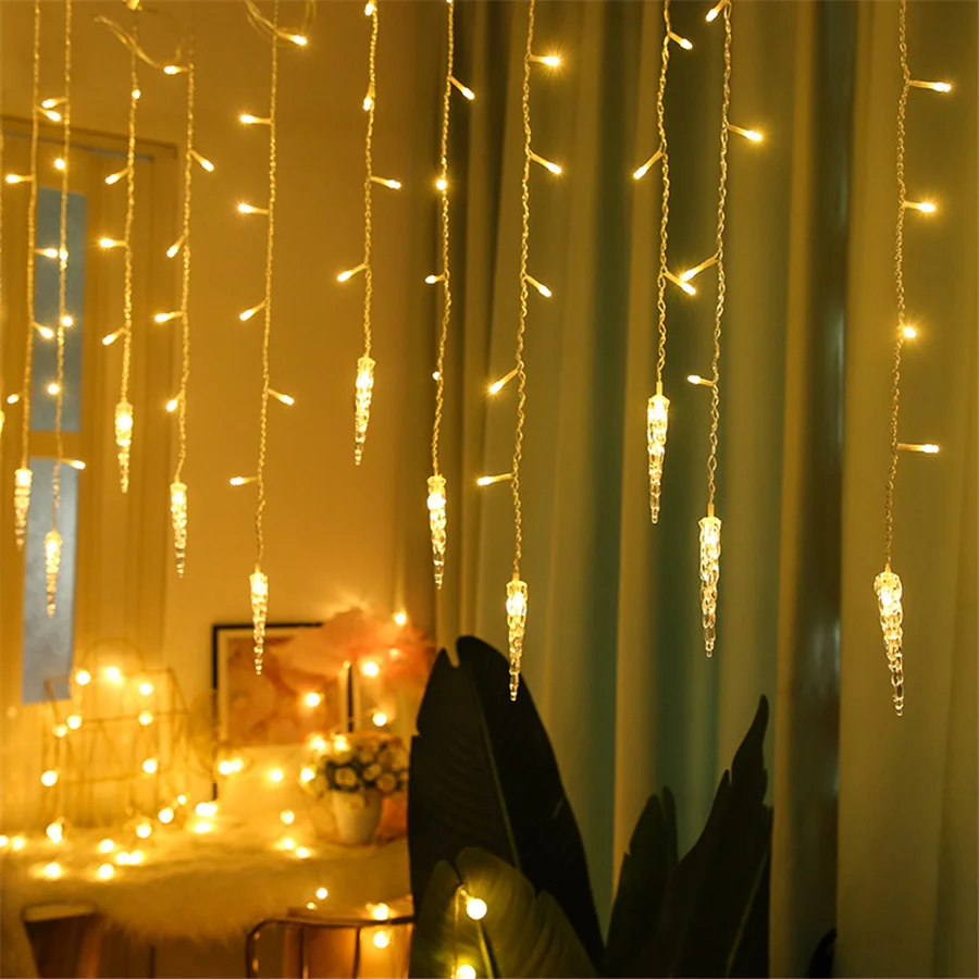 3x3m rainbow curtain light led string garland fairy icicle decorative lights for christmas party bedroom wall wedding decor Waterproof LED Icicle Fairy Curtain Lights 8 Modes EU Plug 3.5M Christmas Garden String Lights for Party Wedding Garland Decor