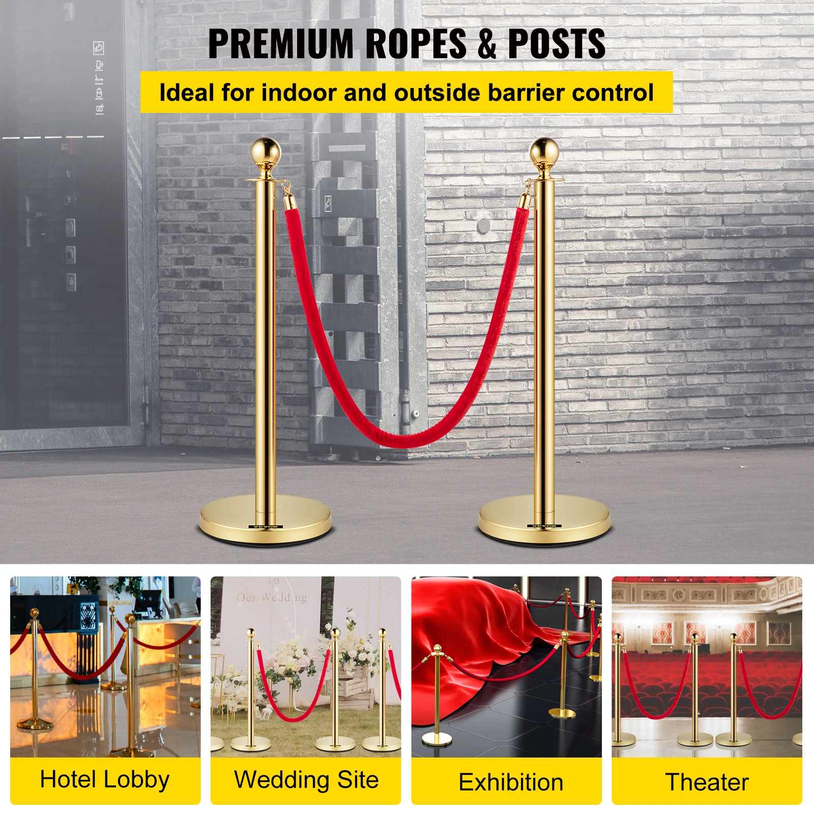 VEVOR Gold Crowd Control Barrier 5 ft/1.5 m Elegant Velvet Ropes and Posts Stainless Steel Stanchion Post with Ball Top 4 PCS