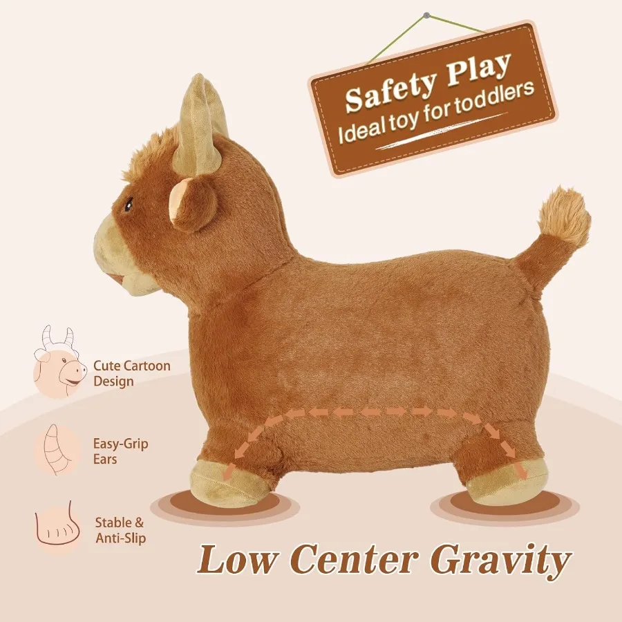 INPANY Bouncy Bull Hopping Toys-Toddler Brown Plush Cow Hopper Inflatable Farm Animal Hopper Horse Outdoor Indoor Ride on Rub