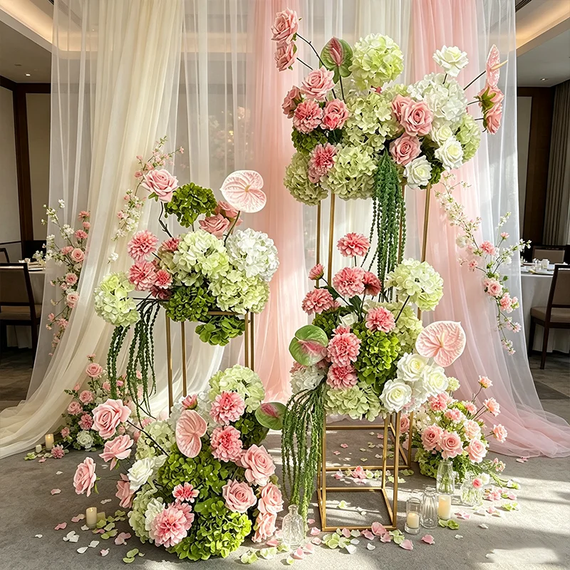 Rosa-grünes künstliches Blumenarrangement, luxuriöse Hochzeitsdekoration für den Gang, Säulen-Blumendeko, Hotel-Bankett, europäisches Tischblumen-Centerpiece