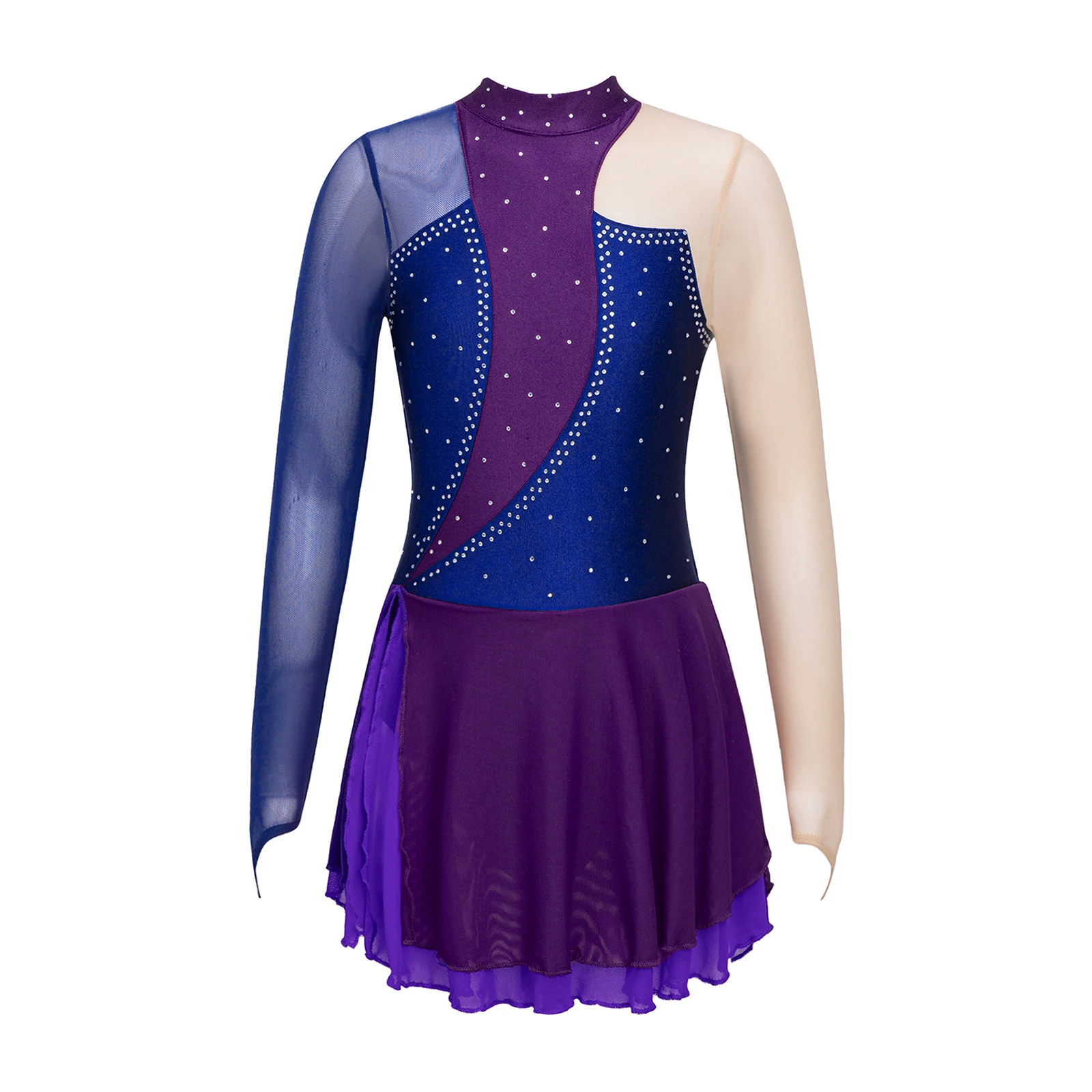 

Kids Girls Skating Dance Dress Long Sleeve Round Neckline Shiny Rhinestone Contrast Color Hollow Back Skating Dance Costumes