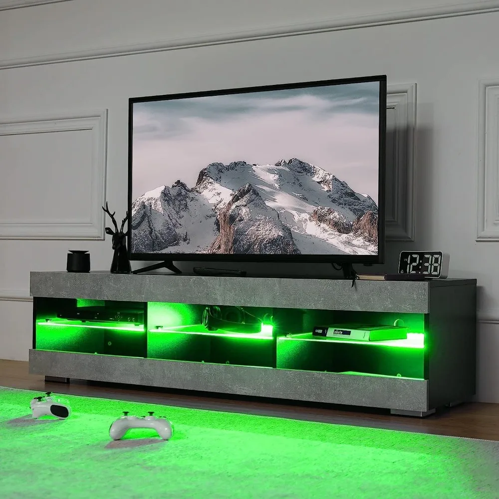 LED TV stand, gray black TV stand with LED lights, TV media console with glass frame 5