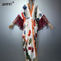 WINYI 2026 Kimono pour femme à manches longues imprimé, cardigan à ourlet bouffant, robe bohème, caftan, tenue de plage de luxe, abaya, style Dubaï, cache-maillot 2