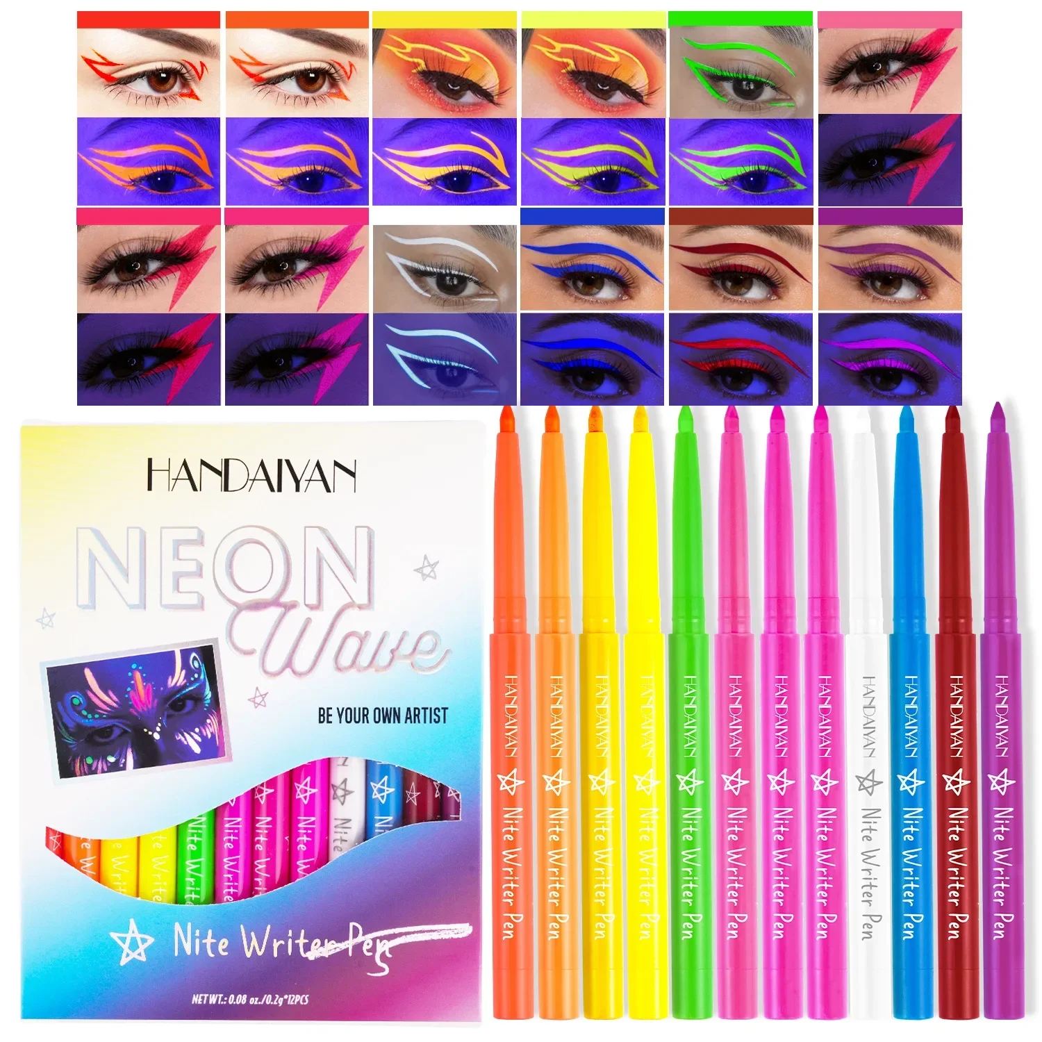 

12pcs/set Fluorescent Night Luminous Colorful Liquid Eye Liner Pencil Waterproof Rainbow White Pink Color Eyeliner Pen