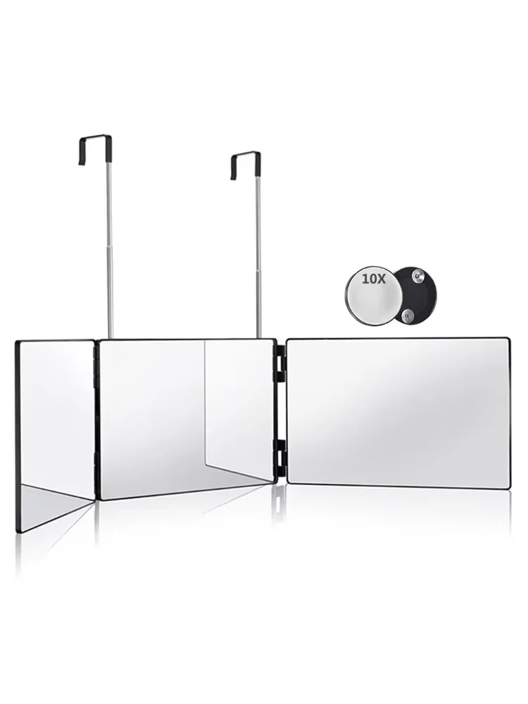 Sleek Black Portable Trifold Mirror with Adjustable Height & Telescoping Hooks - Perfect for Hair Styling and Makeup