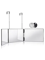 Sleek Black Portable Trifold Mirror with Adjustable Height & Telescoping Hooks - Perfect for Hair Styling and Makeup (Black with 10X)
