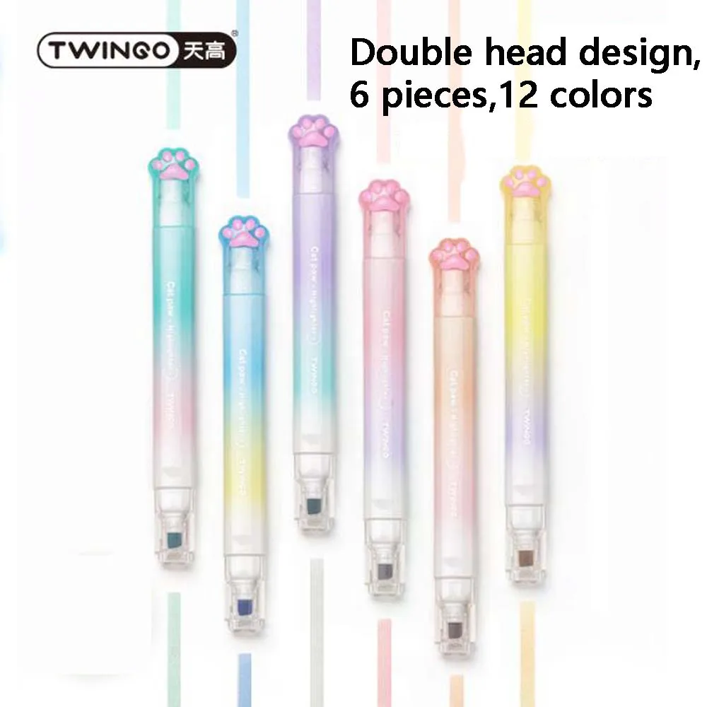 Highlighter Marker Creative Cat Claw 6 Double Head Highlighters Square Design Not Easy to Drop Student Stationery