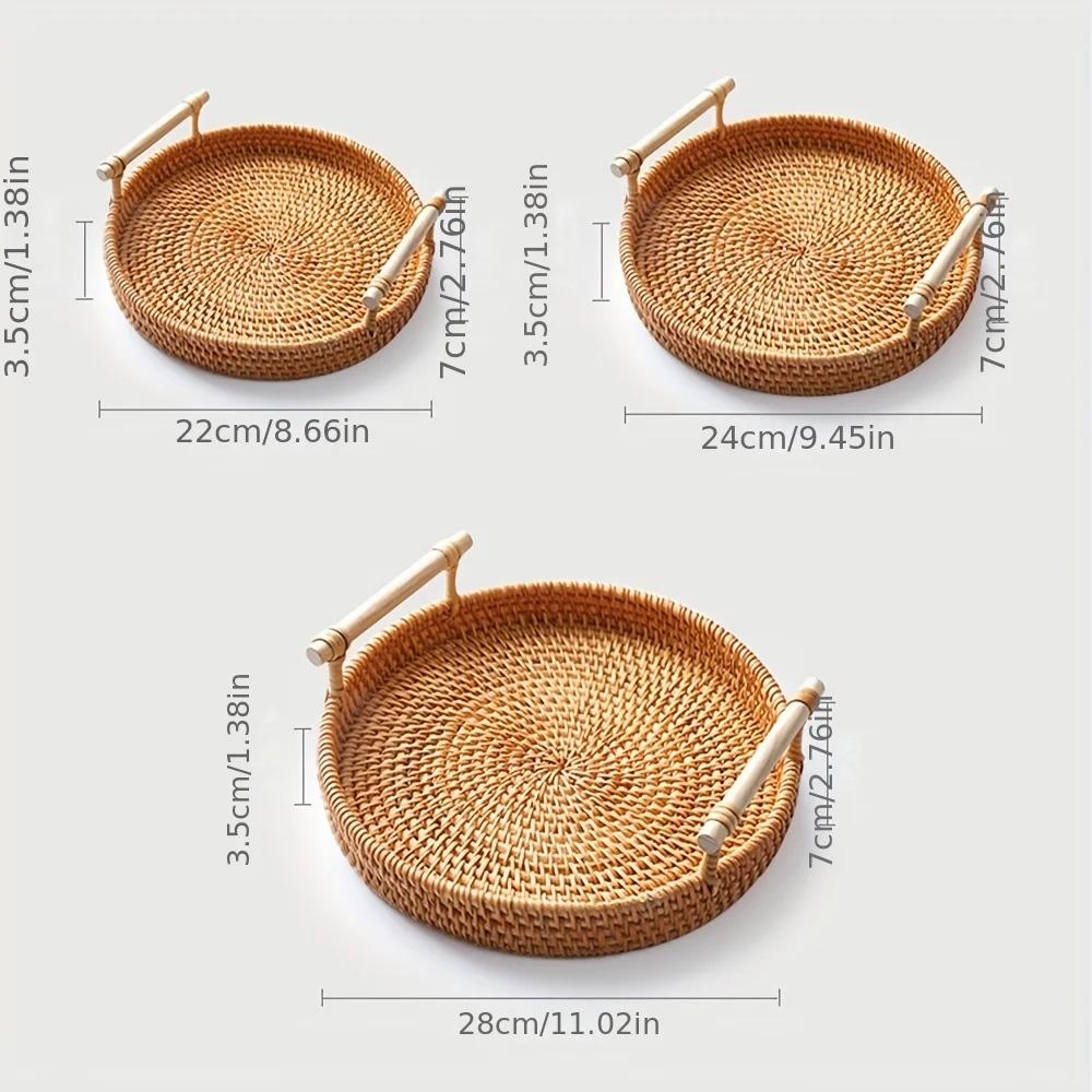 1pc Artisanal Woven Rattan Serving Tray,Dual Handles, Multipurpose Tea and Snack Presentation Platter, Ideal Bread Basket