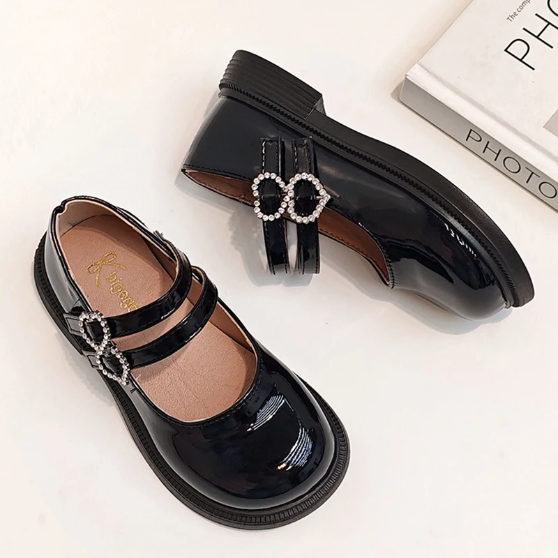 Fashion Double Buckle Mary Jane Shoes for Kids Round Toe Crystal Buckle Flats Shoes Girls Pu Leather Low Heel Single Shoes 21-36