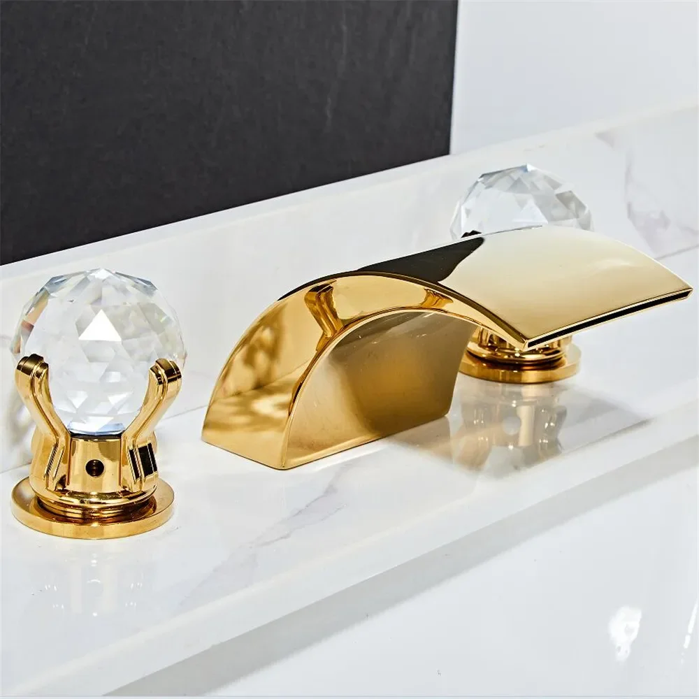 Description Picture 6 of itemGold Basin Faucet Brass Black Widespread Bathroom Crystal Sink Faucets 3 Hole Hot And Cold Waterfall Tap