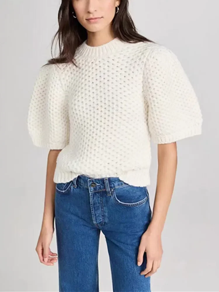 

Women's Knitted Sweater 2024 New Summer Wool Blend Round-Neck Casual Fashion All-Match Puff Sleeve Pullover