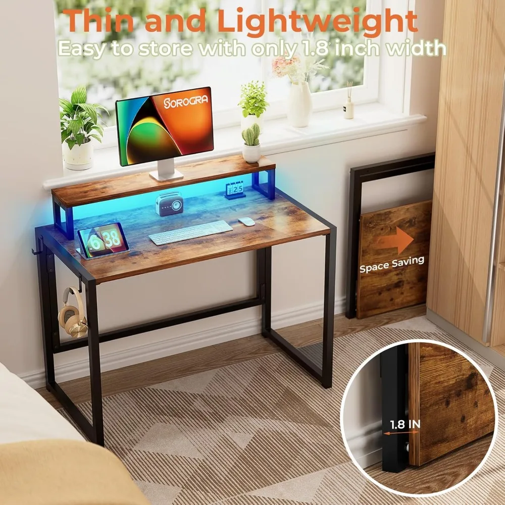 Small Folding Desk 39.4 Inch, Foldable Computer Desks with LED Lights and Monitor Stand, Work Portable Table for Bedroom Home 3
