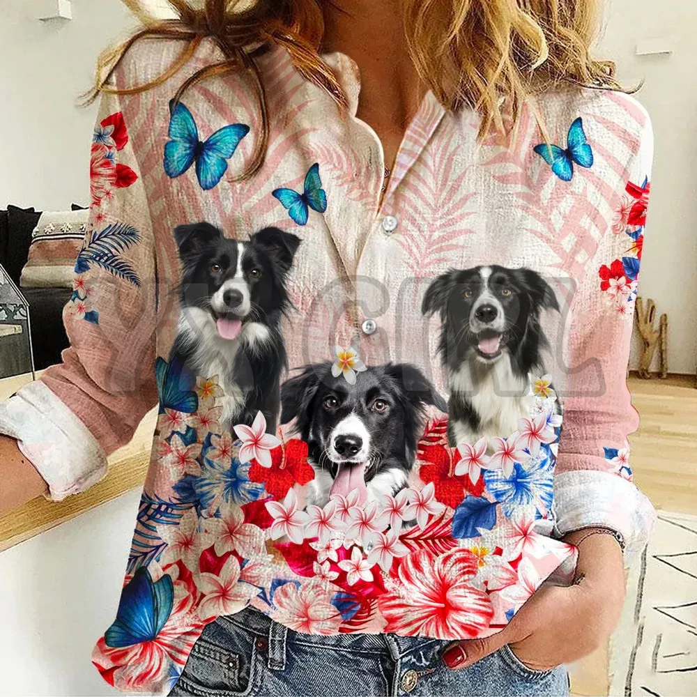 YX GIRL  Border Collie Tropical Floral Casual Shirt  3D Printed Button-down Shirt Casual Unique Streewear