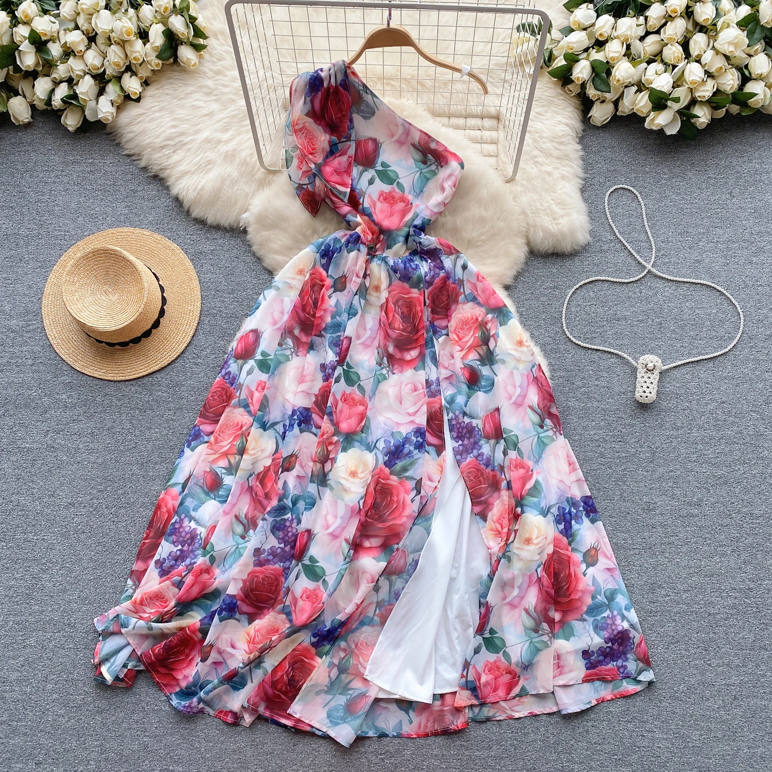 

Clothland Floral Chiffon Dress Inclined Shoulder Sleeveless High Split Beach Wear Ankle Length Long Dresses Vestido Maxi QD350