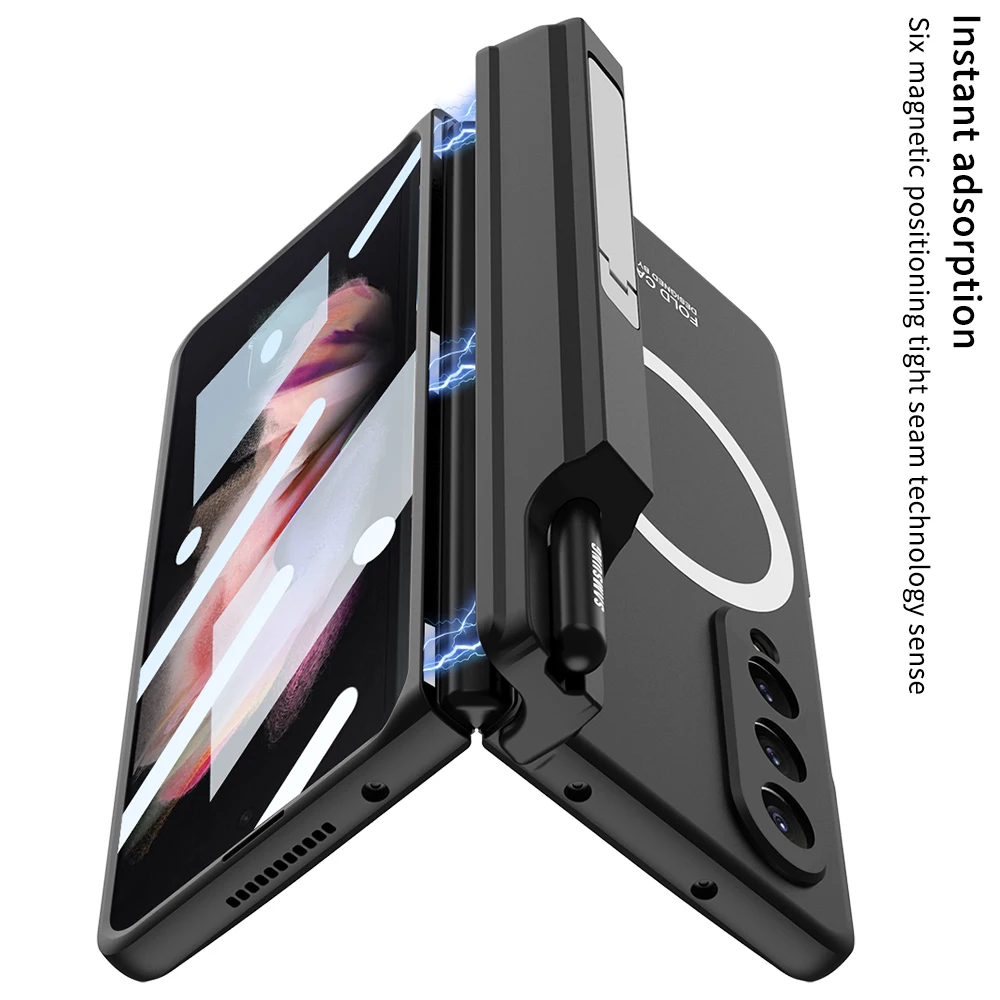 For Magsafe Samsung Galaxy Z Fold 3 Case Wireless Charging Magnetic Hinge Pen Holder Kickstand Shockproof Hard Cover Accessories