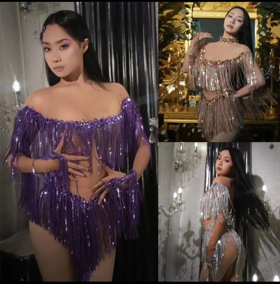 

Sparkly Rhinestones Silver Fringes Bodysuit Sexy Mesh Transparent Latin Dance Dress Performance Costume Nightclub Stage Wear
