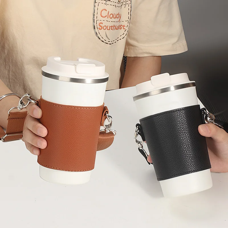 LEATHER Reusable Cupholder & Chain Handmade Coffee Cup -  Israel