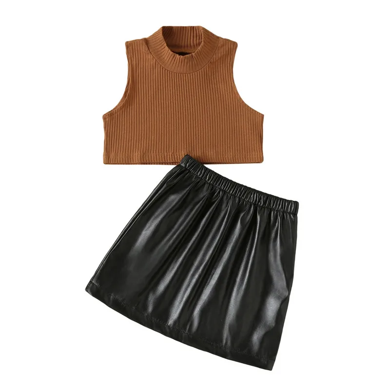 

Children Kids Baby Girls Skirt Sets Summer Clothes 2023 Semi-high Neck Knit Vest with PU Leather Pleated Skirt Outfit Baby Items