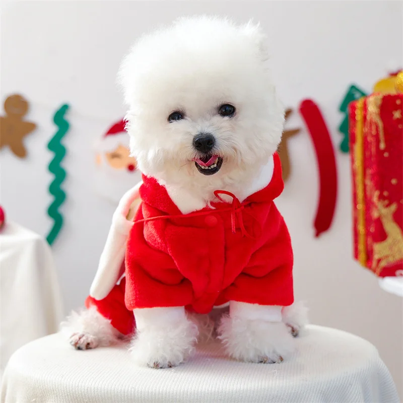 가방이 달린 양털 강아지 옷 작은 개를위한 빨간색 작업복 점프 슈트 Shih Tzu Dachshund 크리스마스 의상 강아지 잠옷 운동복