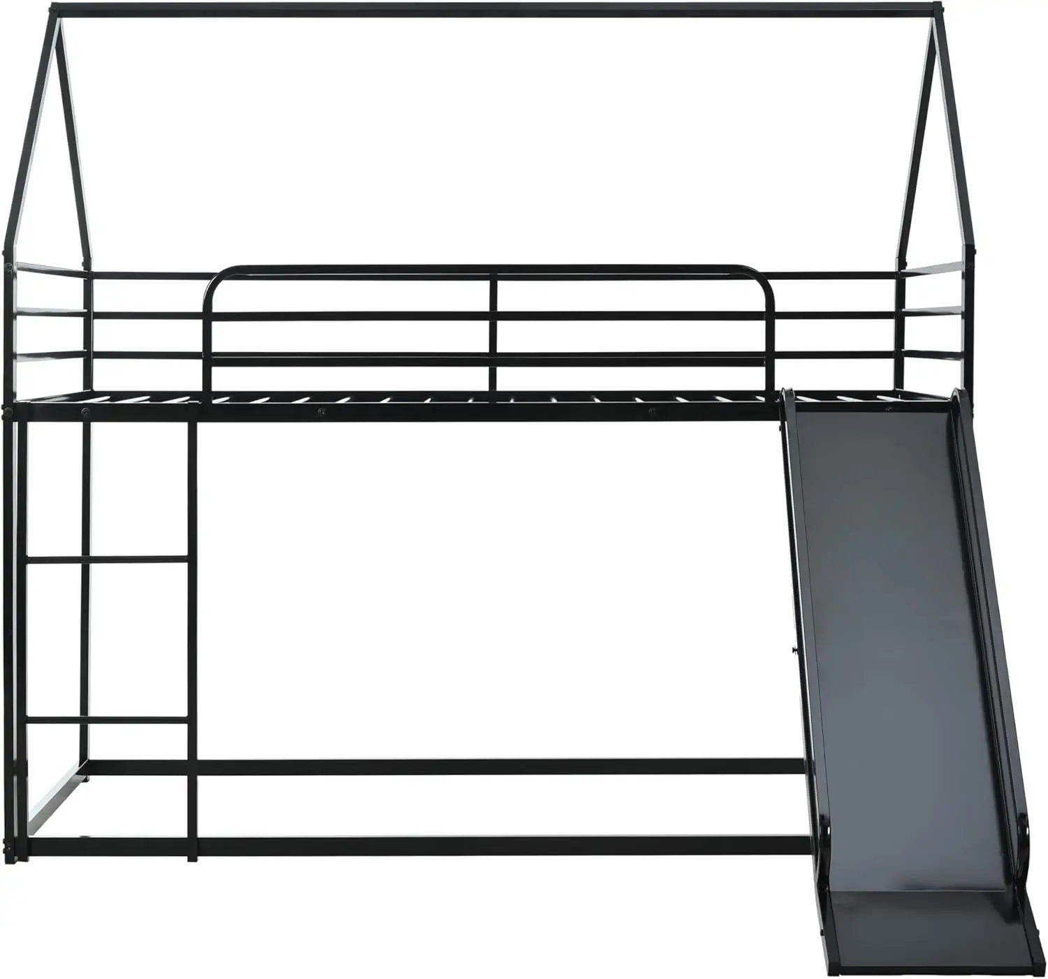 Twin Over Twin Bunk Bed with Slide, Junior House Low Bunk Bed Metal Bunkbeds with Ladder and Full-Length Guardrail for Girl, 4