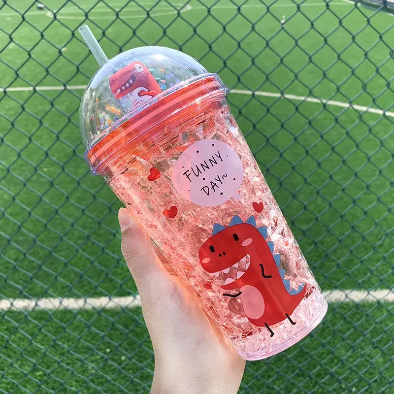 350ml Kid Plastic Cup Straw Dinosaur Doll Double Layer Refrigeration Water Bottle Gift Summer Drinkware Coffee Mug