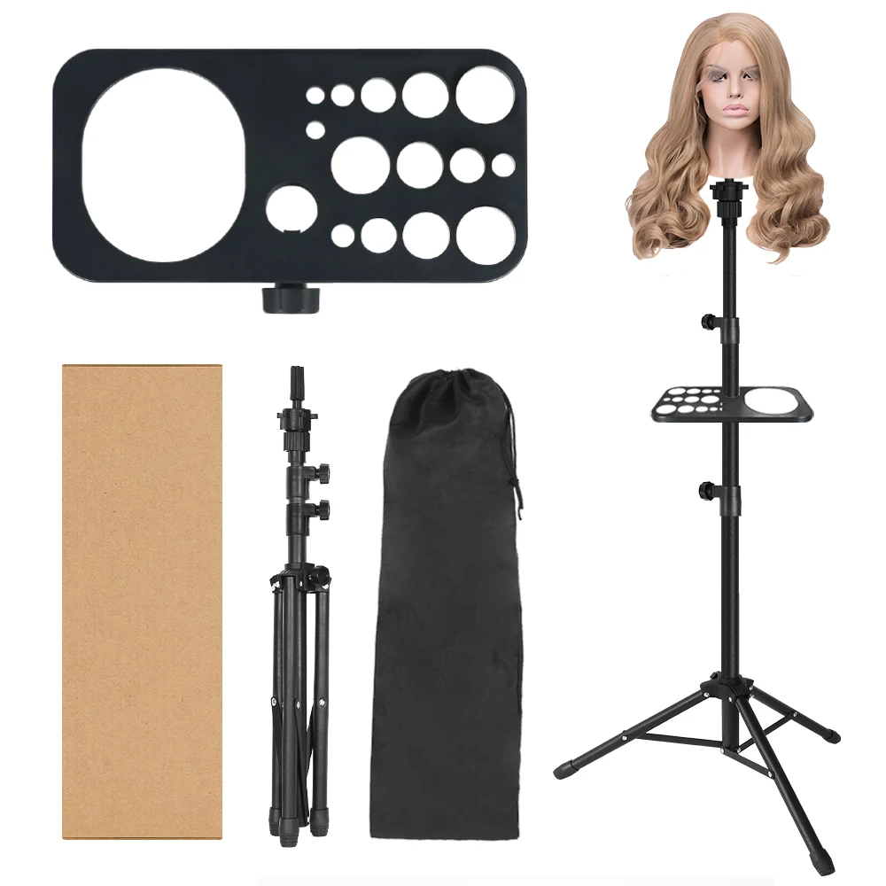 Adjustable Metal Wig Stand Tripod With Tool Tray For Hairdressing_voghion.com
