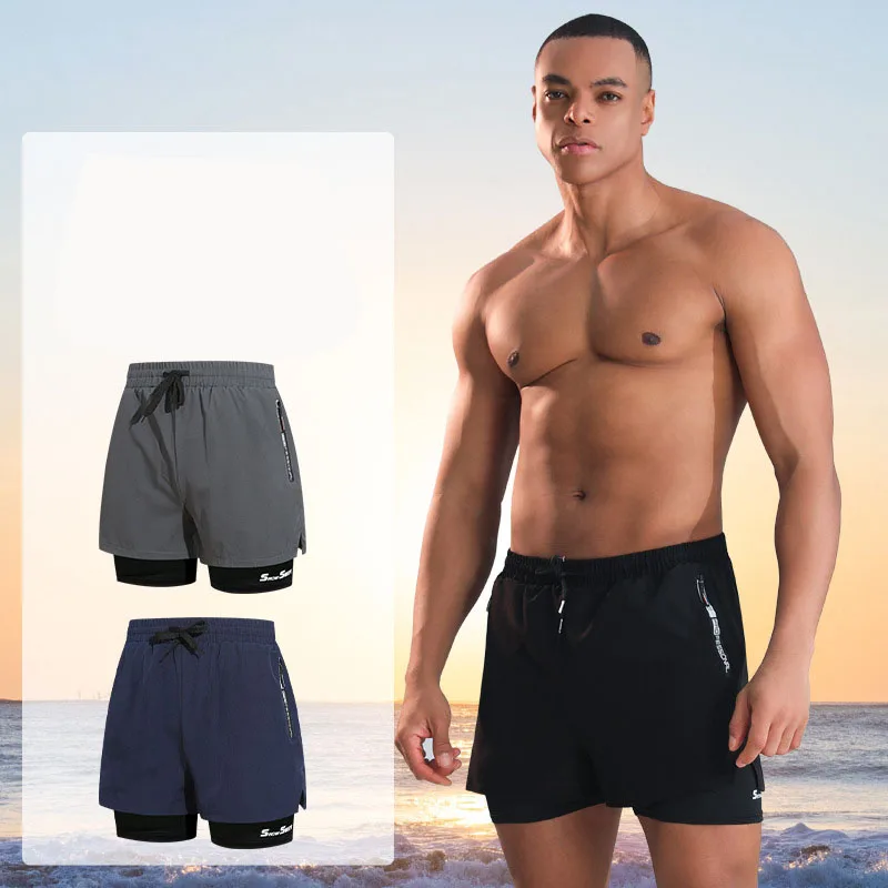 Calção De Banho Masculino 2 Em 1 - Secagem Rápida Com Bolsos