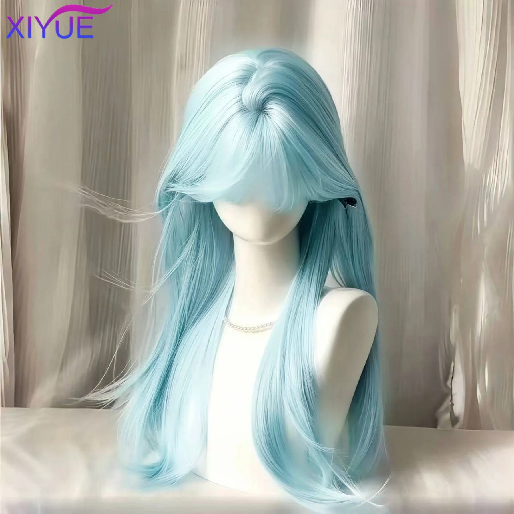 XIYUE Long curly hair Synthetic Wigs with Bangs Blue Green Cosplay Party Lolita Hair Wigs for Women Natural Heat Resistant Wig