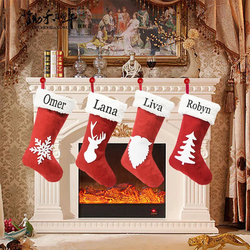 

Personalized Name Christmas Socks Gift Bag Red Hemp Elk Embroidered Christmas Socks Christmas Gifts Christmas Pendant
