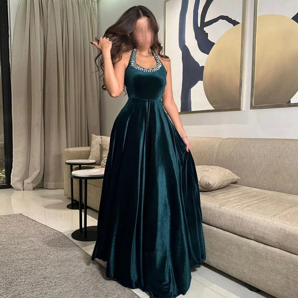 

Halter A-line Formal Occasion Dresses 2024 O-Neck Long Ball Gown Velour Lace Up Elegant Evening Party Gowns فساتين الحفلات