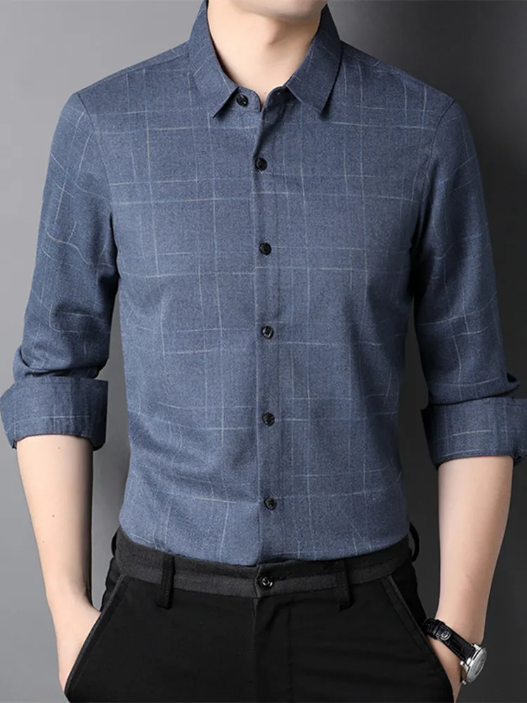 

Men's Spring and Autumn Business Casual Slim Plaid Stitching Long-sleeved Shirts Lapel Single-breasted Comfortable Shirts for