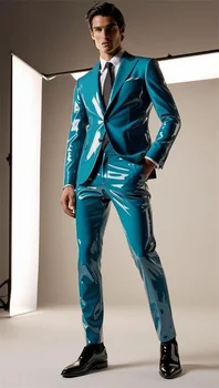 Abiti da uomo in pelle PU blu Set giacca da 2 pezzi + pantaloni pantaloni smoking da sposa formale ufficio sposo giacca da ballo cappotto da lavoro
