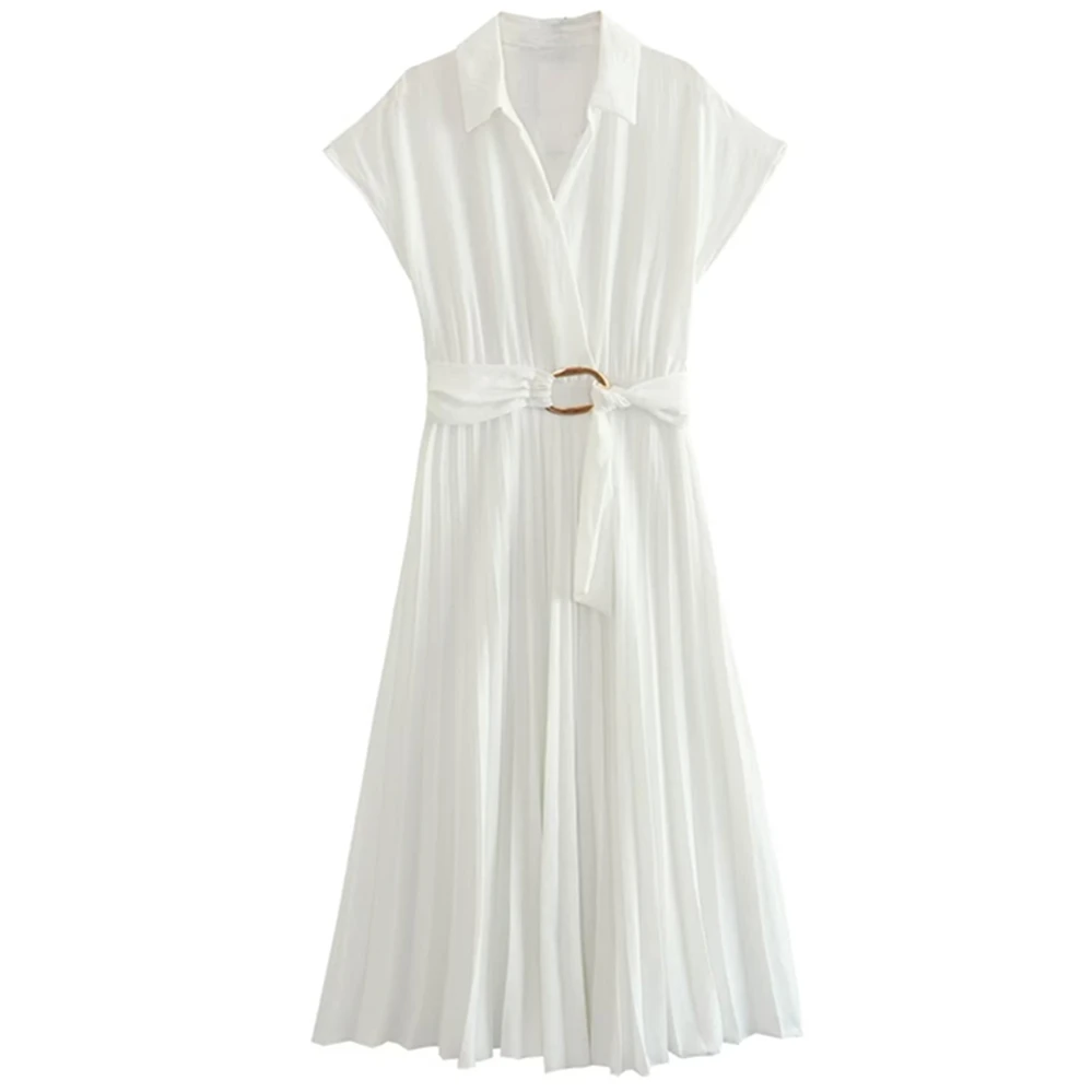 

Dave&Di French Office Commuting Midi Dress White Fashion Ladies Women Elegant Pleated Summer Dress With Belt