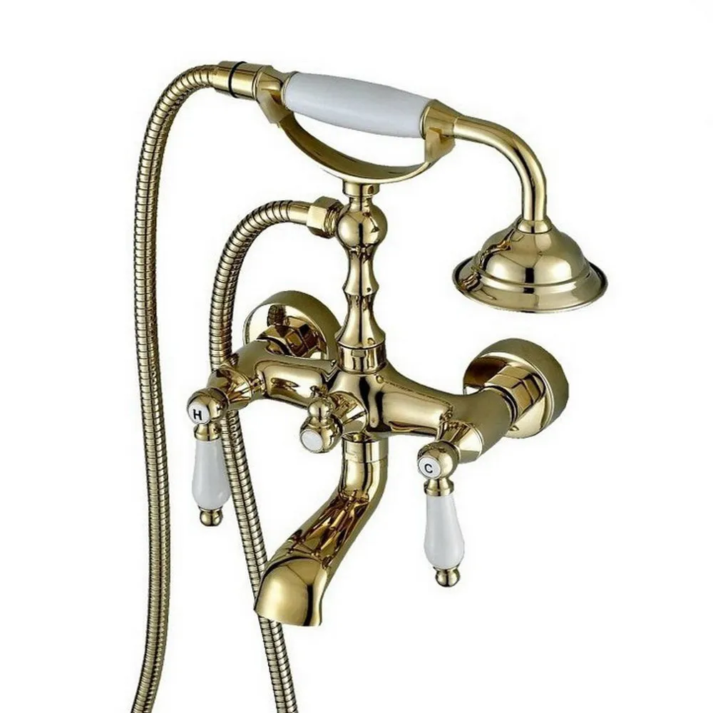 

Luxury Gold Color Brass Wall Mount Bathroom Tub Faucet Set WITH/ 150CM Handheld Shower Spray Head Mixer Tap Dtf135