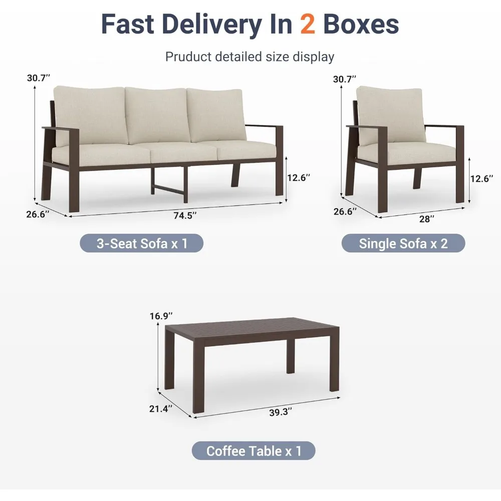 4 Pieces Aluminum Patio Furniture Set, 5-Seat Outdoor Metal Furniture Set with 4" Water-Resistant Cushion & Coffee Table 3