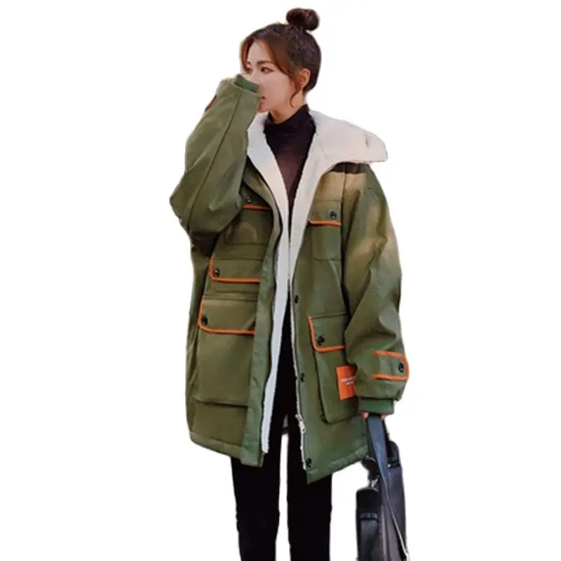Army Green Hooded Velvet Thickened Pie to Overcome The Female 2023 Explosive Winter Cotton-Padded Clothing Small Design Sense X4