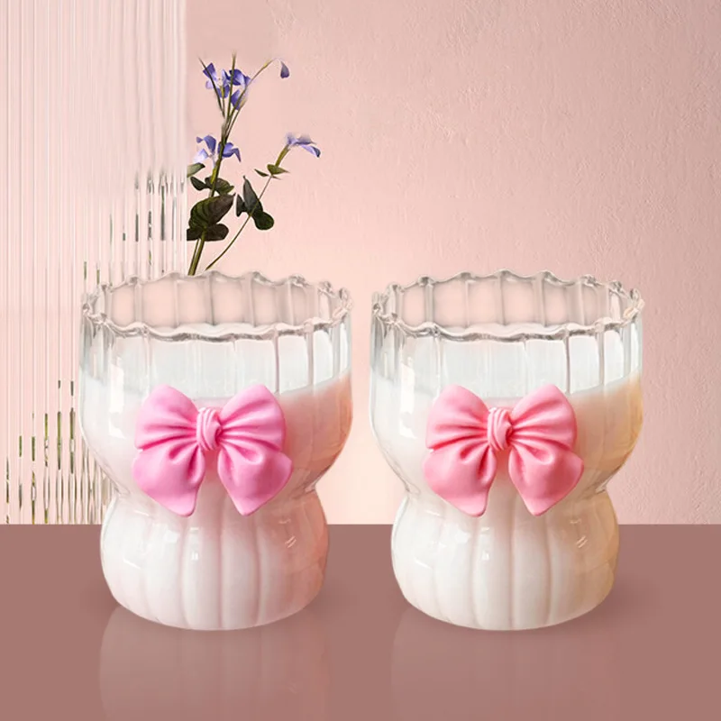 300ML high borosilicate glass cup Pink bow heat-resistant coffee cup vertical grain fat tea girl heart cold and hot dual